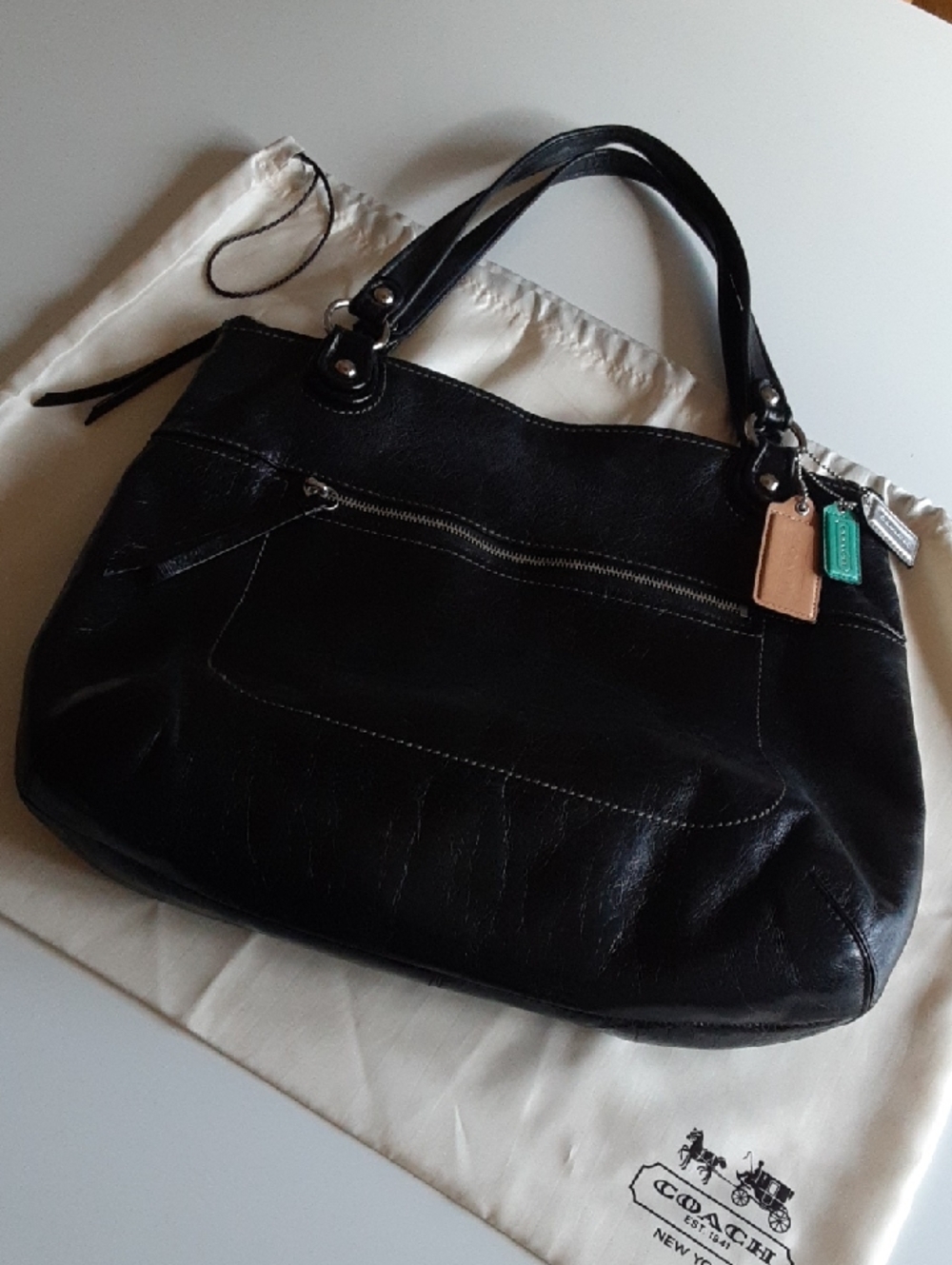 COACH Signature Poppy Glam Black Glazed Distressed Leather Tote Bag - Picture 3 of 11